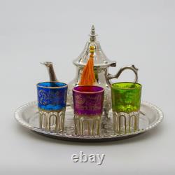 Moroccan tea glasses, Vintage set of handmade teapot, Moroccan gift for wedding