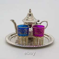 Moroccan tea glasses, Vintage set of handmade teapot, Moroccan gift for wedding