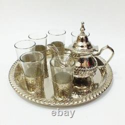 Moroccan tea glasses, Vintage set of handmade teapot, Tea Tray, Set Of 6 tea Cups