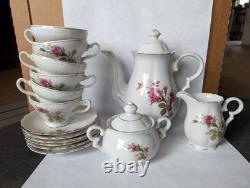 Moss Rose Japan Tea Pot, Sugar, Creamer, 6 Cups&Saucers. Gold Trim. Excellent