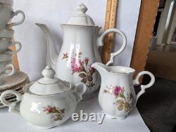 Moss Rose Japan Tea Pot, Sugar, Creamer, 6 Cups&Saucers. Gold Trim. Excellent
