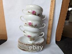 Moss Rose Japan Tea Pot, Sugar, Creamer, 6 Cups&Saucers. Gold Trim. Excellent