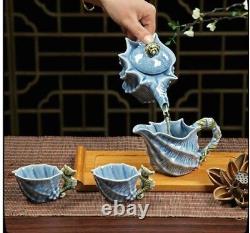 NEWQZ Sky Blue Glaze Conch Shaped Kung Fu Tea Set, 1 Pot 6 Cup, Including Tea