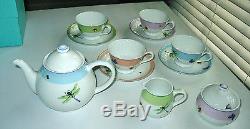 New Tiffany Summer Tea Pot Set Sugar Creamer 4 Cups+ Boxes Unused Dragonflies