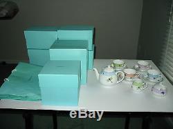 New Tiffany Summer Tea Pot Set Sugar Creamer 4 Cups+ Boxes Unused Dragonflies