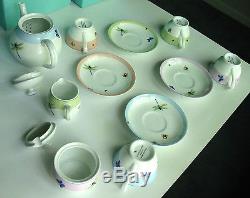 New Tiffany Summer Tea Pot Set Sugar Creamer 4 Cups+ Boxes Unused Dragonflies