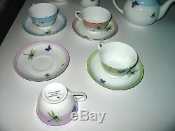 New Tiffany Summer Tea Pot Set Sugar Creamer 4 Cups+ Boxes Unused Dragonflies