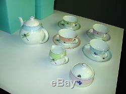 New Tiffany Summer Tea Pot Set Sugar Creamer 4 Cups+ Boxes Unused Dragonflies