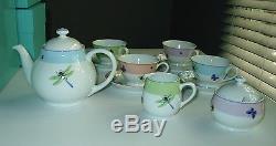 New Tiffany Summer Tea Pot Set Sugar Creamer 4 Cups+ Boxes Unused Dragonflies