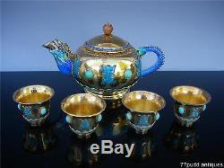 Nice Antique Chinese Set Of Enamel Gilt Silver Teapot And Cups