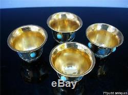 Nice Antique Chinese Set Of Enamel Gilt Silver Teapot And Cups