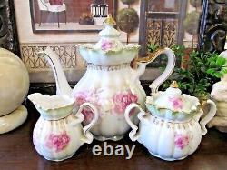 NIPPON teapot creamer and sugar holder pink rose fancy orante teaset 1940s Japan