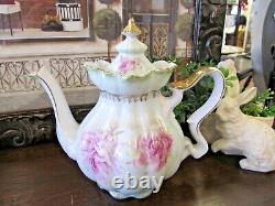 NIPPON teapot creamer and sugar holder pink rose fancy orante teaset 1940s Japan