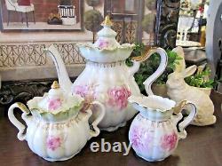 NIPPON teapot creamer and sugar holder pink rose fancy orante teaset 1940s Japan