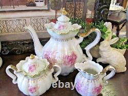 NIPPON teapot creamer and sugar holder pink rose fancy orante teaset 1940s Japan