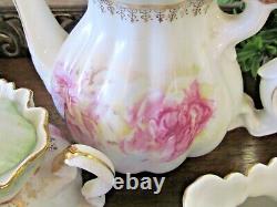 NIPPON teapot creamer and sugar holder pink rose fancy orante teaset 1940s Japan