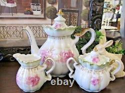 NIPPON teapot creamer and sugar holder pink rose fancy orante teaset 1940s Japan