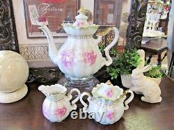 NIPPON teapot creamer and sugar holder pink rose fancy orante teaset 1940s Japan