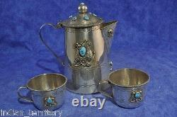 Navajo Handmade St. Silver & Turquoise 5.5ht Tea Pot + Set of 2 Cups 323 grams