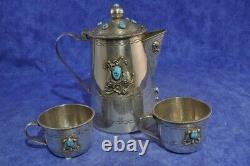 Navajo Handmade St. Silver & Turquoise 5.5ht Tea Pot + Set of 2 Cups 323 grams