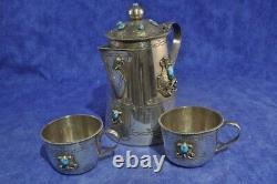 Navajo Handmade St. Silver & Turquoise 5.5ht Tea Pot + Set of 2 Cups 323 grams