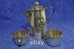 Navajo Handmade St. Silver & Turquoise 5.5ht Tea Pot + Set of 2 Cups 323 grams