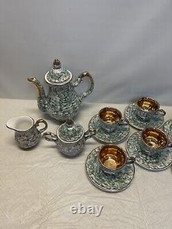 Neiman Marcus Estel Porcelain Gold Plated Iridescent Green Tea Coffee Pot Set
