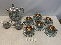 Neiman Marcus Estel Porcelain Gold Plated Iridescent Green Tea Coffee Pot Set