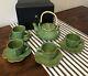 Never Used Withbox Teavana Rare Green Leaf Complete 9pc Tea Pot Cup Saucer Set