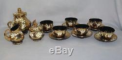 New Czech Bohemian Handmade Glass 17 pc. Tea Set Unique Black & 24kt Gold