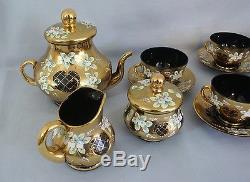 New Czech Bohemian Handmade Glass 17 pc. Tea Set Unique Black & 24kt Gold
