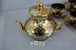 New Czech Bohemian Handmade Glass 17 pc. Tea Set Unique Black & 24kt Gold