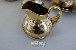 New Czech Bohemian Handmade Glass 17 pc. Tea Set Unique Black & 24kt Gold