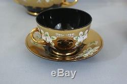 New Czech Bohemian Handmade Glass 17 pc. Tea Set Unique Black & 24kt Gold