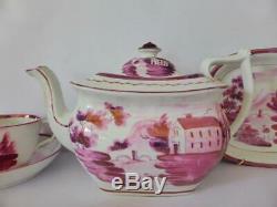 New Hall Georgian Rose 6 Piece Tea Set, c. 1820, Teapot, Dish, Cups & Saucers