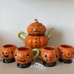 New Johanna Parker Transpac Pumpkin Teapot & Set Of 4 Teacups Halloween 2020