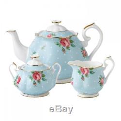 New Royal Albert 3-Piece Set Teapot, Sugar & Creamer Polka Blue