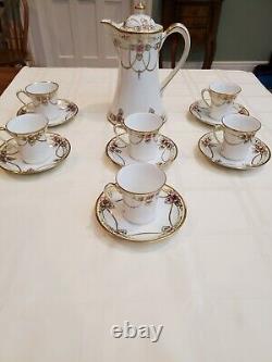 Nippon Handpainted Porcelain Tea Pot And Lid With 6 Cups And Saucers Pink And