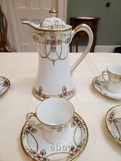 Nippon Handpainted Porcelain Tea Pot And Lid With 6 Cups And Saucers Pink And