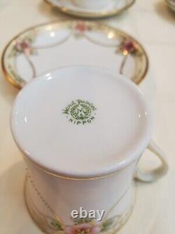 Nippon Handpainted Porcelain Tea Pot And Lid With 6 Cups And Saucers Pink And