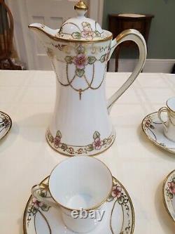 Nippon Handpainted Porcelain Tea Pot And Lid With 6 Cups And Saucers Pink And