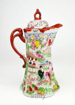 Nippon Japanese Porcelain Chocolate Pot Coffee Teapot Geisha Enamel Red Set of