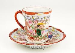 Nippon Japanese Porcelain Chocolate Pot Coffee Teapot Geisha Enamel Red Set of
