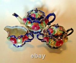 Nippon Tea Set Teapot Sugar And Creamer Blue And Gold With Pink Mums Japan