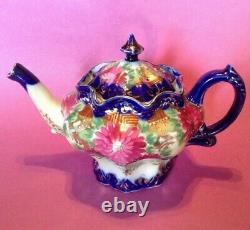 Nippon Tea Set Teapot Sugar And Creamer Blue And Gold With Pink Mums Japan