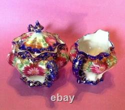 Nippon Tea Set Teapot Sugar And Creamer Blue And Gold With Pink Mums Japan