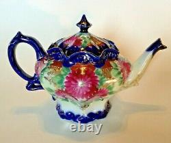 Nippon Tea Set Teapot Sugar And Creamer Blue And Gold With Pink Mums Japan