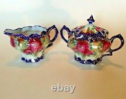 Nippon Tea Set Teapot Sugar And Creamer Blue And Gold With Pink Mums Japan