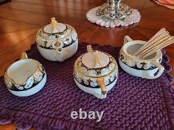 Noritake 20056 Black Gold Encrusted 1924. Tea Pot, Sugar Bowl, Creamer, Spoon Hold
