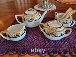 Noritake 20056 Black Gold Encrusted 1924. Tea Pot, Sugar Bowl, Creamer, Spoon Hold